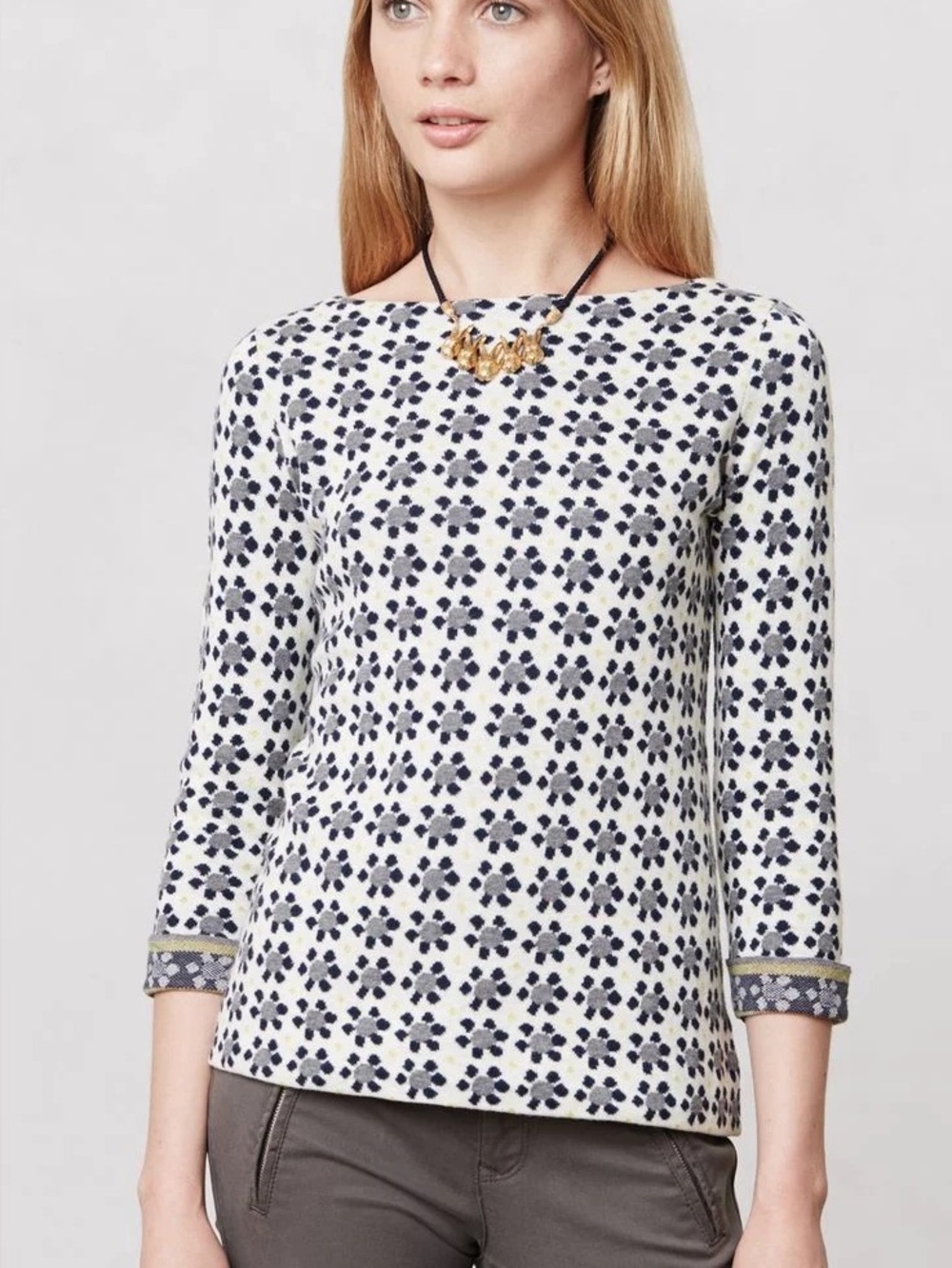 Anthro | Field‎ Flower Boatneck 100% Cotton Daisy Print Sweater